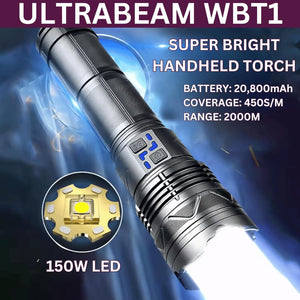 UltraBeam WBT1 Powerful LED Torch – Super Bright Rechargeable Flashlight with 2KM Range, Zoomable Beam, 7 Lighting Modes, Waterproof, Long Battery Life – Ideal for Camping, Hiking