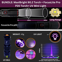 Load image into Gallery viewer, MaxiBright P90.2 Flashlight Bundle: Super Bright LED Rechargeable Torches - 3 Torches - large - small - extra small - LED &amp; UV Light - For Work &amp; Adventures