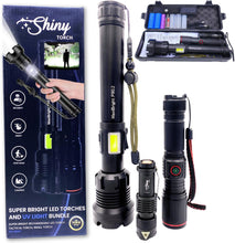 Load image into Gallery viewer, MaxiBright P90.2 Flashlight Bundle: Super Bright LED Rechargeable Torches - 3 Torches - large - small - extra small - LED &amp; UV Light - For Work &amp; Adventures