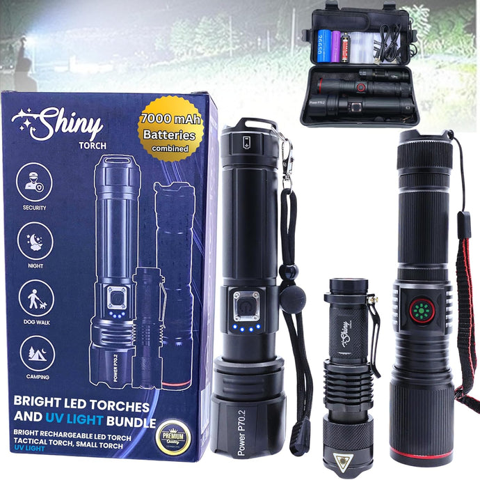 Power P70.2 Flashlight Bundle: Bright LED Rechargeable Flashlights - 3 Torches - Medium, small, extra small - LED Torch & UV Light - For work & Adventures - security, camping, dog walking