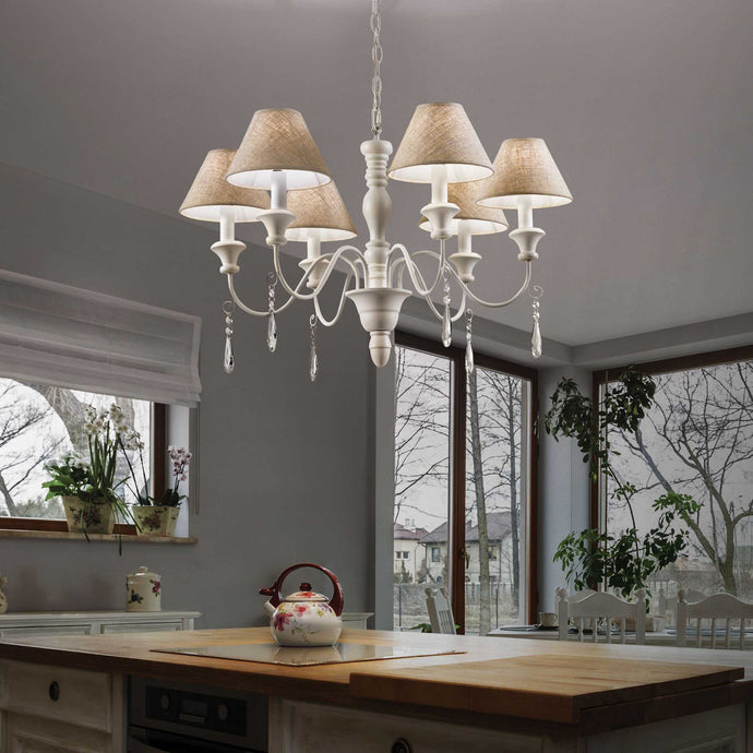 PROVENCE SP | White Wooden Framed Shaded Chandelier Ceiling Light Fitting, 3 & 6 Lights