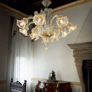 RIALTO SP | Classical Clear Amber & Brass Transitional Glass Chandelier Ceiling Light Fitting , 5 & 8 Lights