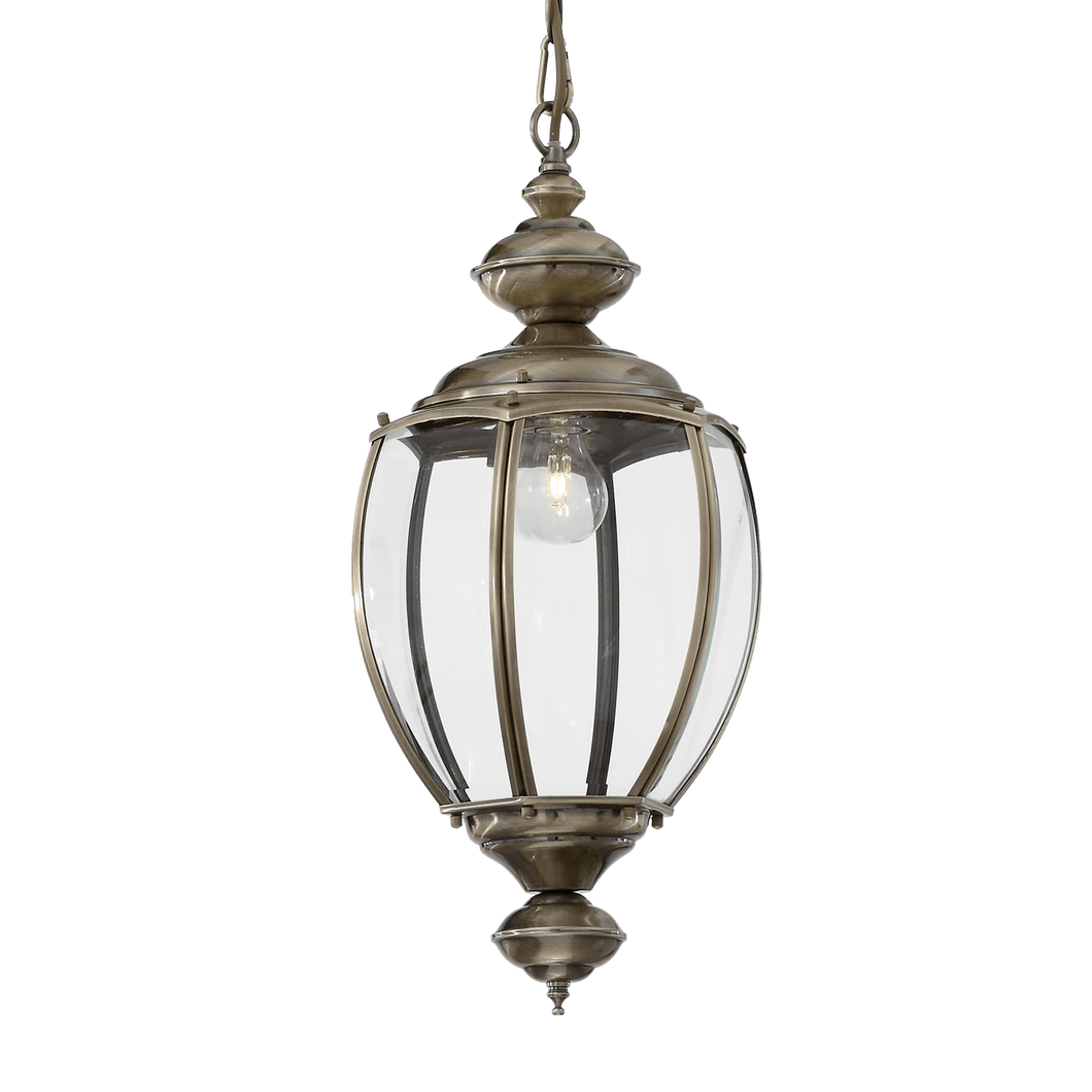 NORM SP1 | Indoor Lantern Pendant Ceiling Light Fitting in Antique Brass or Chrome Finish, Glass Lantern with Velvet Chain Cover, 1 Light, E27 Bulb