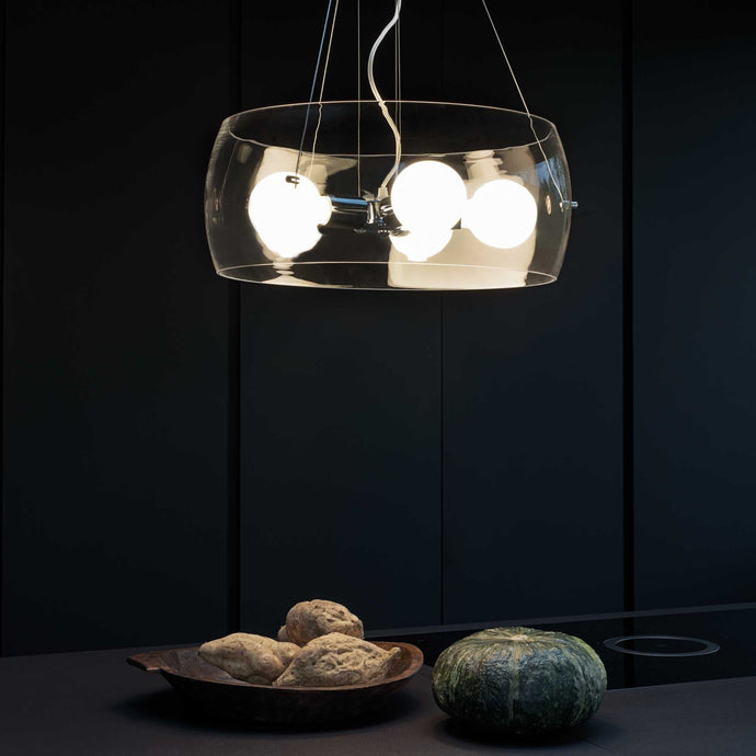 AUDI-10 SP5 | Smokey Grey & Clear Glass Drum Ceiling Light Fitting, 5 Lights