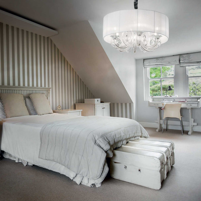 SWAN SP | Silver & White Shaded Crystal Drum Chandelier Ceiling Light Fitting, 3 & 6 Lights