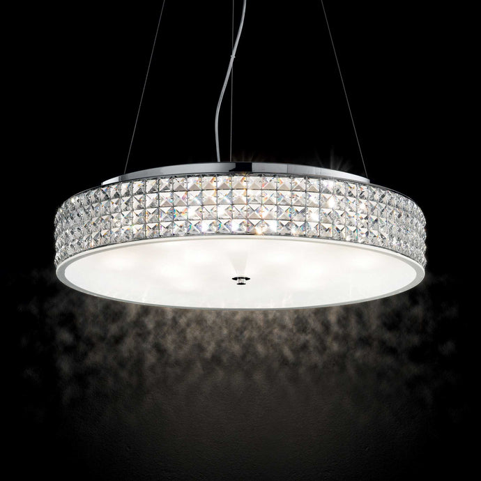 ROMA SP | White & Chrome Indoor Crystal Drum Pendant Chandelier Light Fitting, 9 & 12 Lights