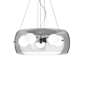 AUDI-10 SP5 | Smokey Grey & Clear Glass Drum Ceiling Light Fitting, 5 Lights