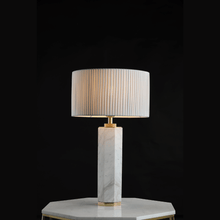 Load image into Gallery viewer, TL80080-1C | Carrara Marble &amp; Polished Brass Shallow Drum Table Lamp, Pleated Cream Shade, 1 Light