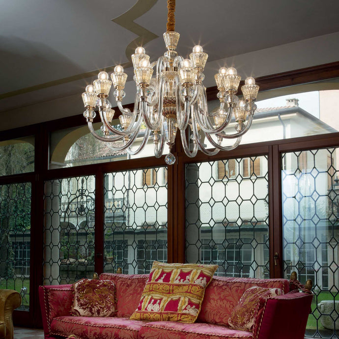 STRAUSS SP18 | Luxurious Glass & Crystal Candle Chandelier Ceiling Light, Velvet Hanger Chain Cover, 6 & 12 & 18 Lights