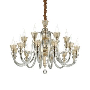 STRAUSS SP18 | Luxurious Glass & Crystal Candle Chandelier Ceiling Light, Velvet Hanger Chain Cover, 6 & 12 & 18 Lights