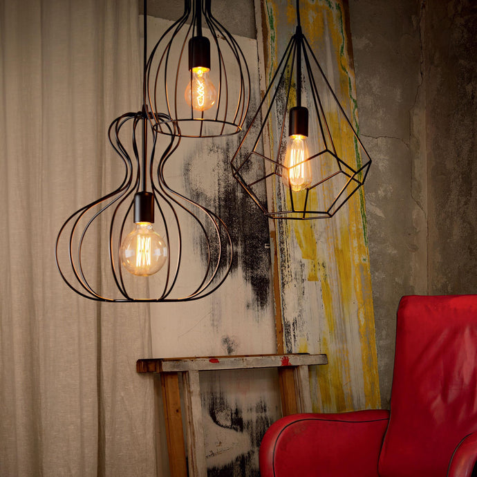AMPOULE SP1 | Indoor Black & White Abstract Caged Bulb Pendant, Ceiling Light Fitting, 1 Light
