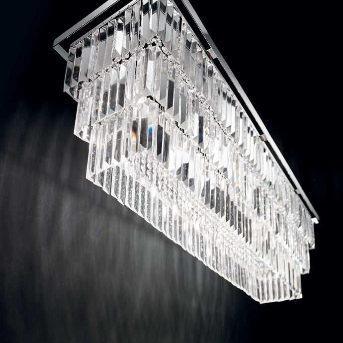 MARTINEZ SP & PL | Flush & Hanging Indoor Tiered Crystal Chandelier  Rectangular Ceiling Light Fitting, Chrome & Gold Design, 6 & 8 Lights