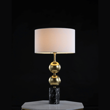 Load image into Gallery viewer, TL80080-1D | Dark Marble &amp; Polished Brass Shallow Drum Table Lamp, Cream White Shade, 1 Light