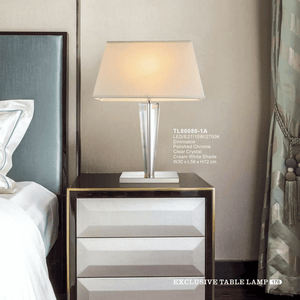 TL80080-1A | Clear Crystal Base Bedside Table Lamp with cream white Shallow Tapered Styled Shade, 1 Light