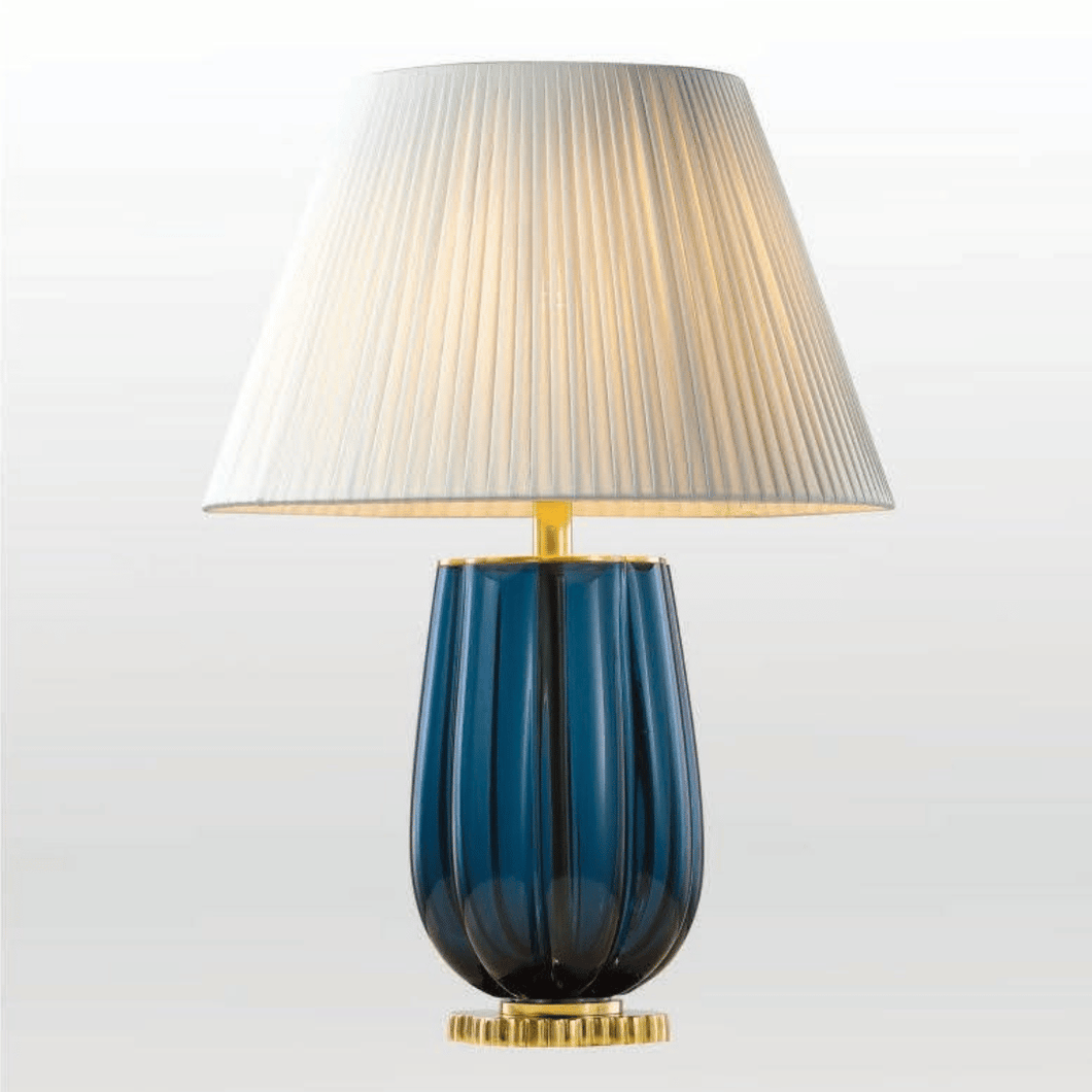 TL80080-1B | Jade Blue Glass Table Lamp with polished Brass Detailing & Pleated cream white Classic empire Styled Shade, 1 Light