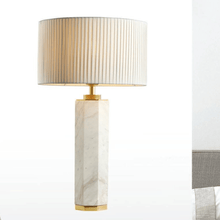 Load image into Gallery viewer, TL80080-1C | Carrara Marble &amp; Polished Brass Shallow Drum Table Lamp, Pleated Cream Shade, 1 Light