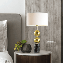 Load image into Gallery viewer, TL80080-1D | Dark Marble &amp; Polished Brass Shallow Drum Table Lamp, Cream White Shade, 1 Light