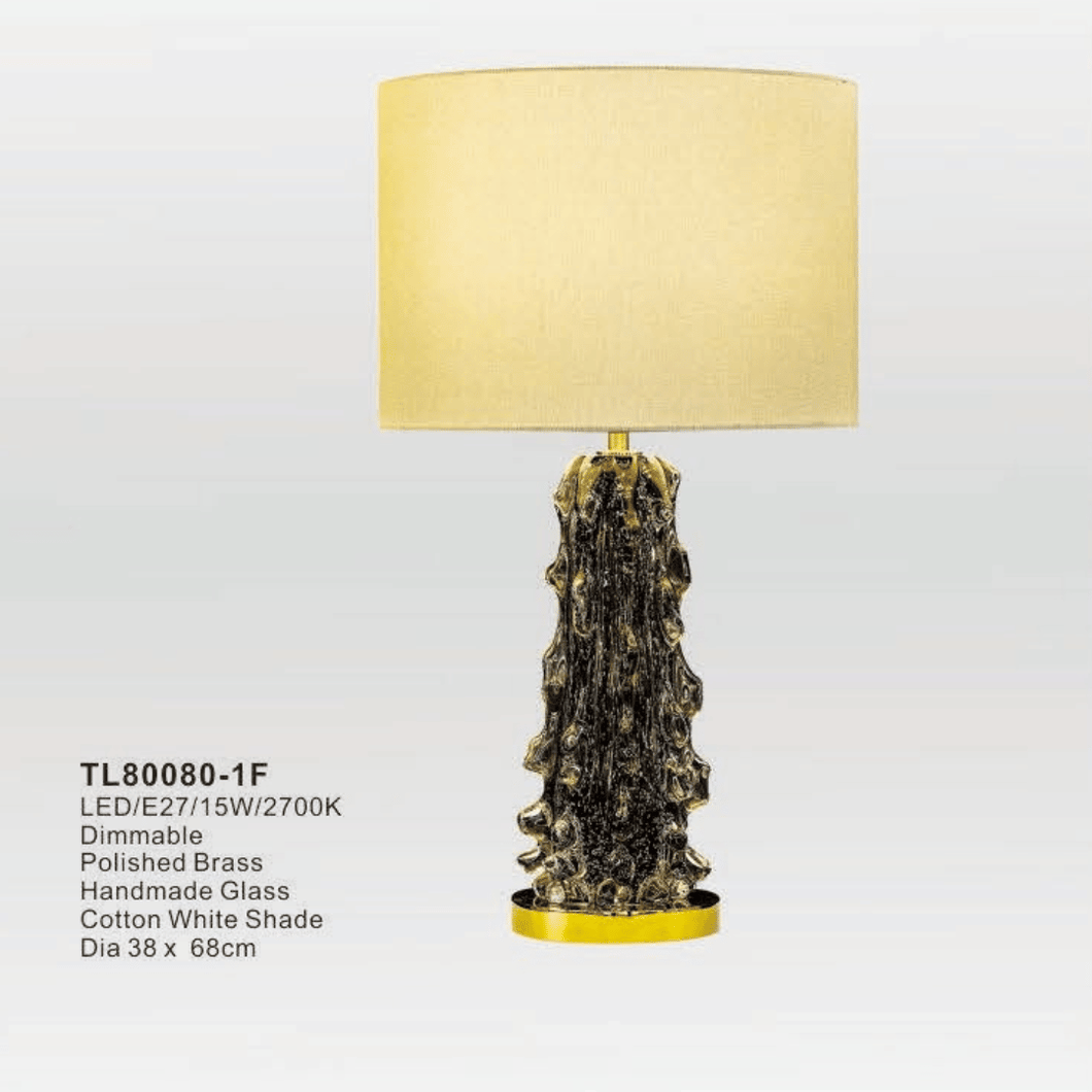 TL80080-1F | Polished Brass & Black Base Novelty Table Lamp with Cotton White Shallow Drum Shade, 1 Light