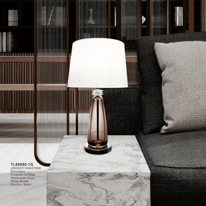 TL80080-1G | Glass Base Table lamp & Polished Chrome detailing with White Tapered Drum Shade, 1 Light